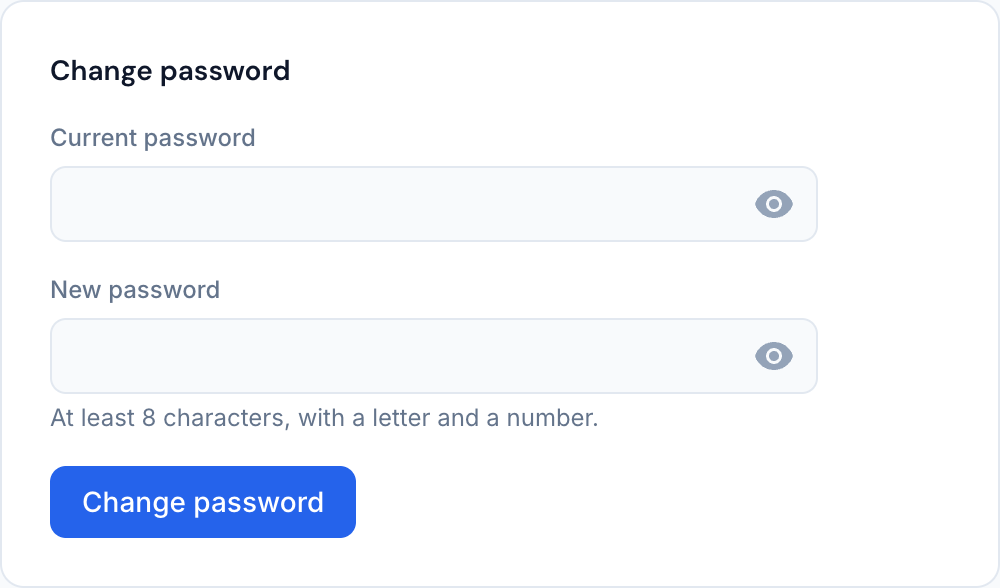 The change password form, with fields for the current and the new password.