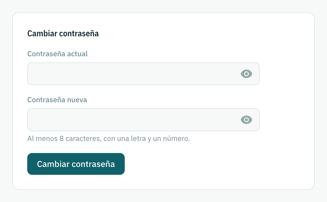 El formulario para cambiar la contraseña, con campos para la actual y la nueva.