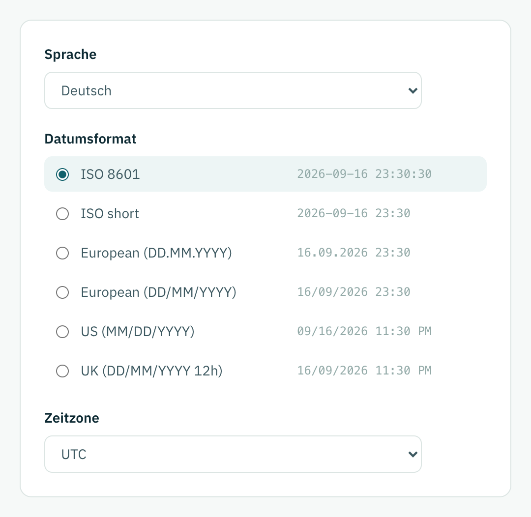 Der Tab Allgemein in den Einstellungen, mit Sprache, Datumsformat und Zeitzone.