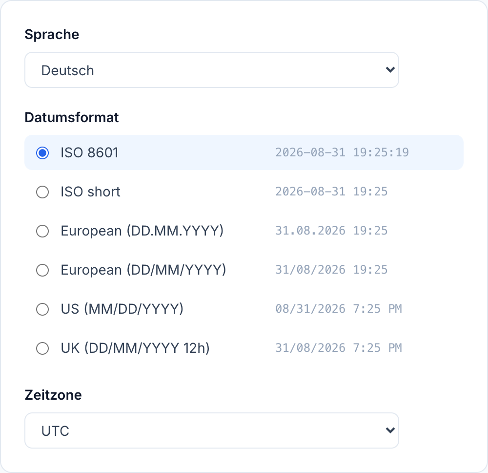 Der Tab Allgemein in den Einstellungen, mit Sprache, Datumsformat und Zeitzone.