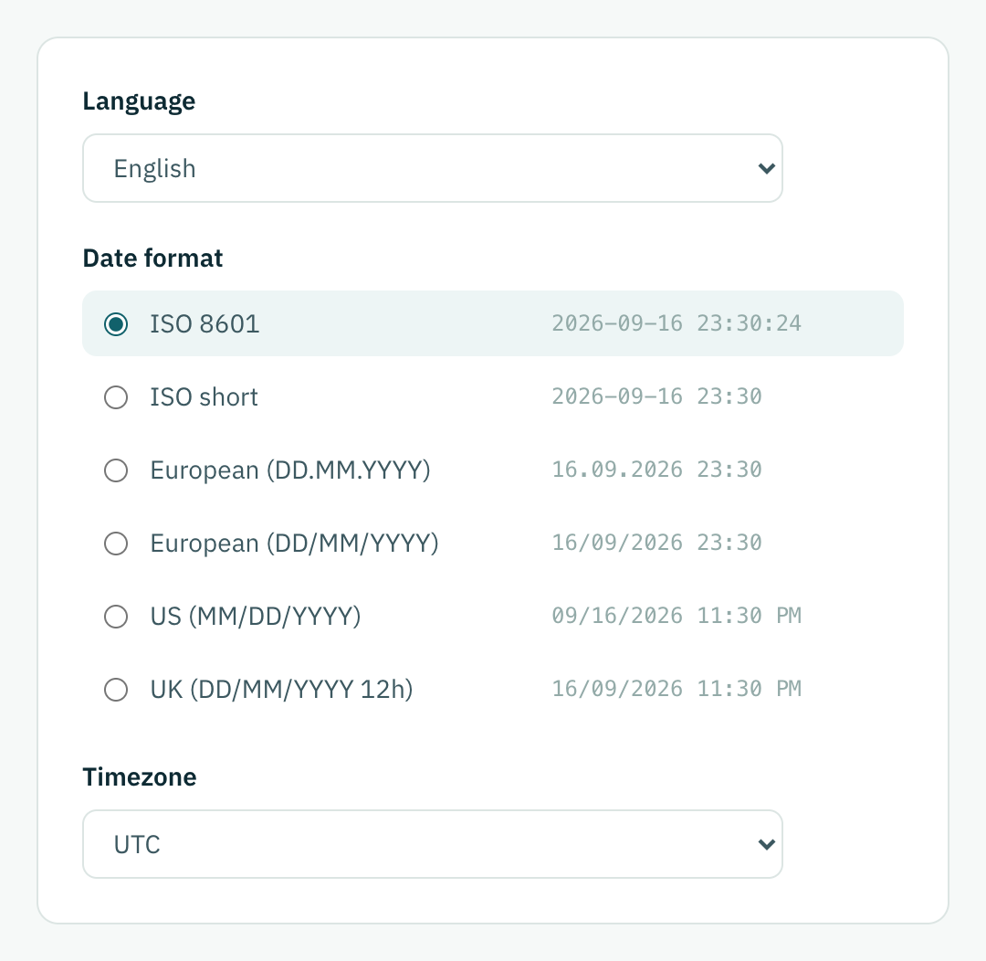 The General tab of Settings, with the language, date format and timezone controls.