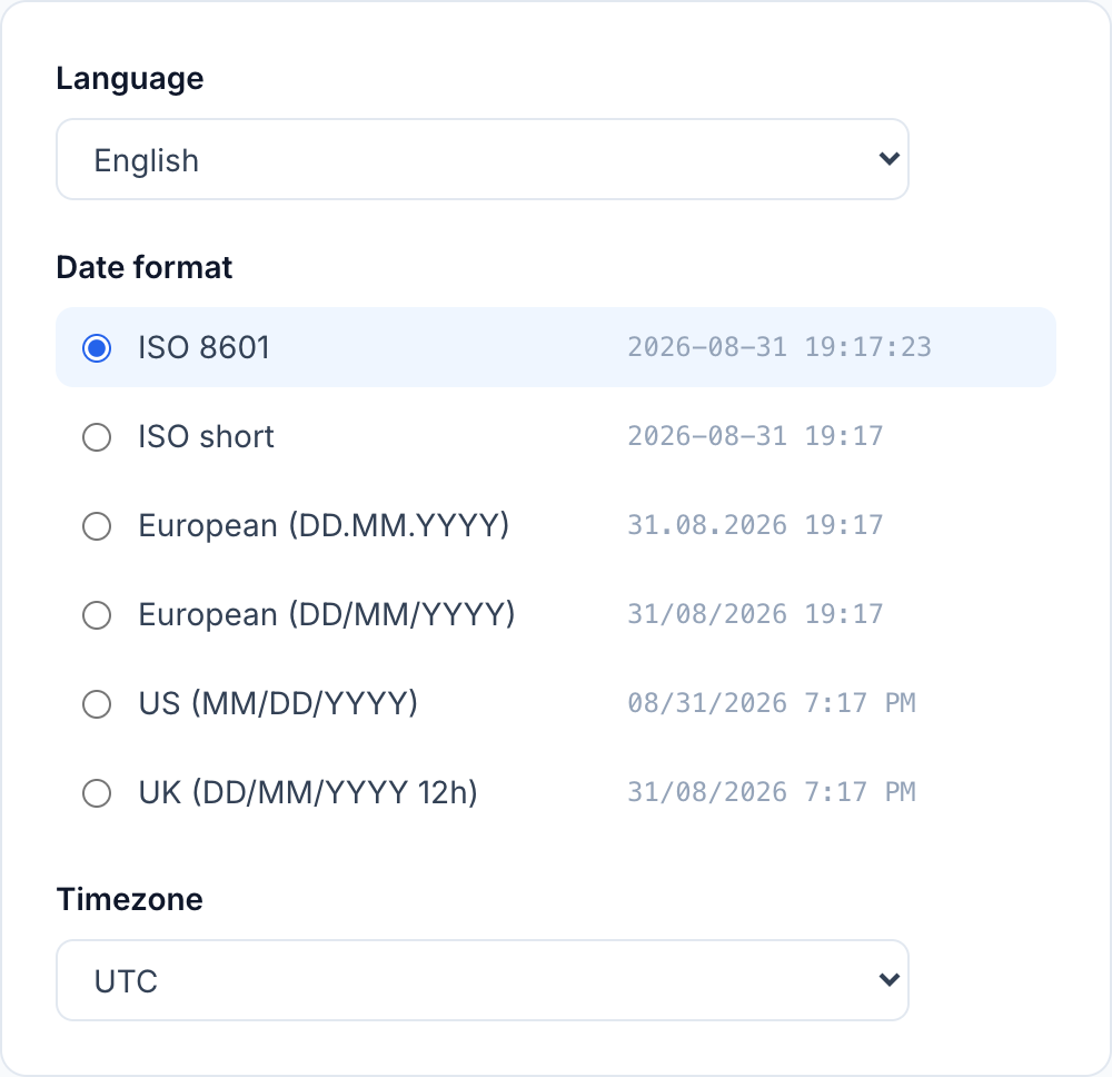 The General tab of Settings, with the language, date format and timezone controls.