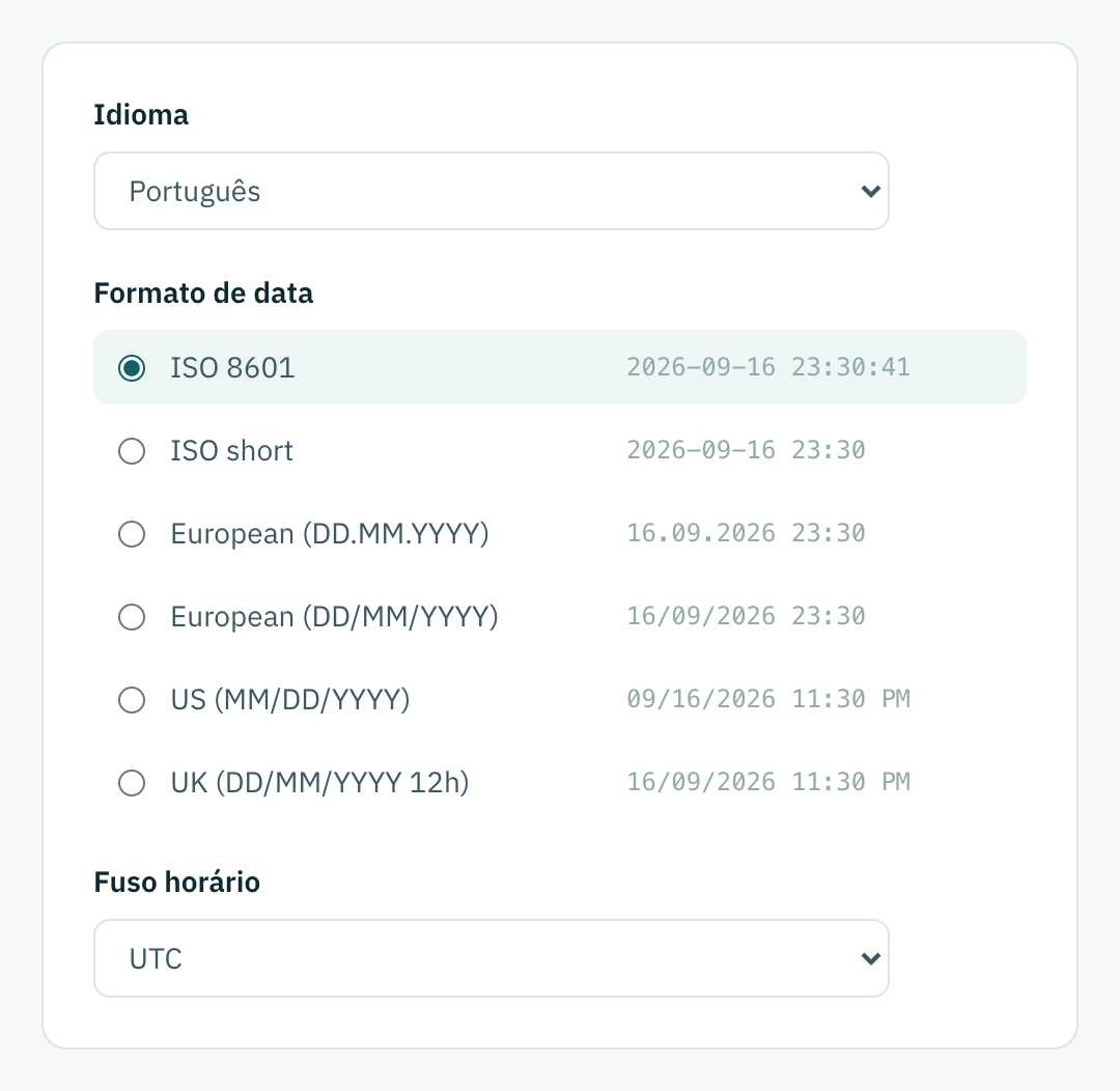 A aba Geral das Configurações, com os controles de idioma, formato de data e fuso horário.