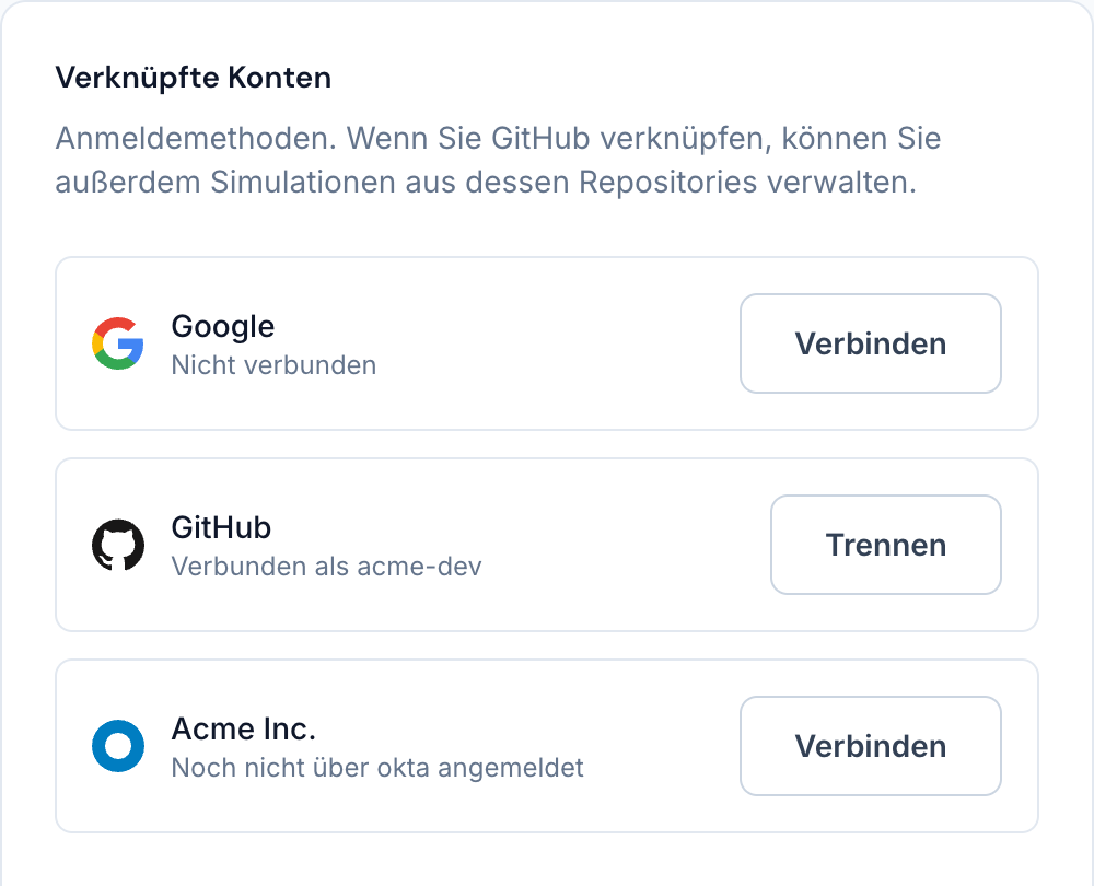 Der Tab Verknüpfte Konten: ein verbundenes GitHub-Konto, Google nicht verbunden und eine Organisation mit Single Sign-on.