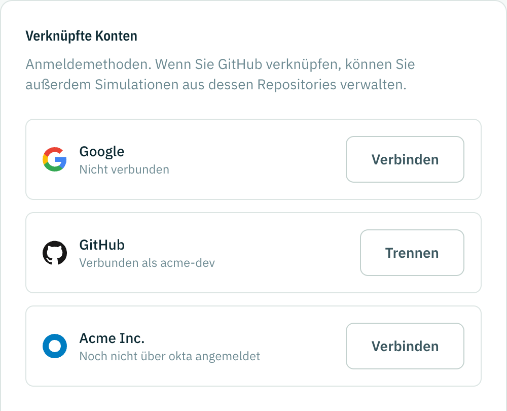 Der Tab Verknüpfte Konten: ein verbundenes GitHub-Konto, Google nicht verbunden und eine Organisation mit Single Sign-on.