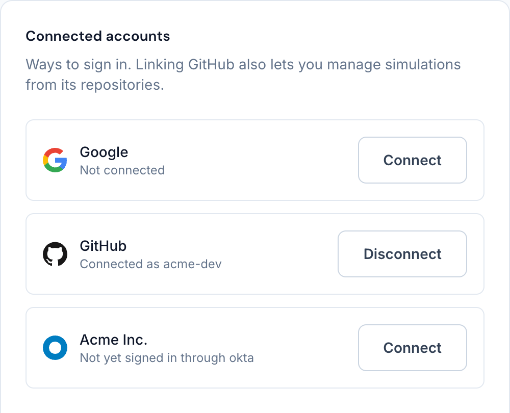 The Connected Accounts tab: a connected GitHub account, Google not connected, and an organization offering single sign-on.