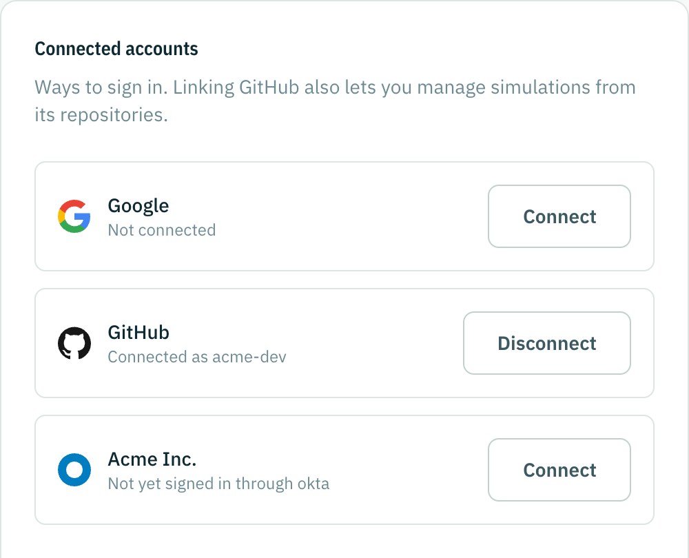 The Connected Accounts tab: a connected GitHub account, Google not connected, and an organization offering single sign-on.