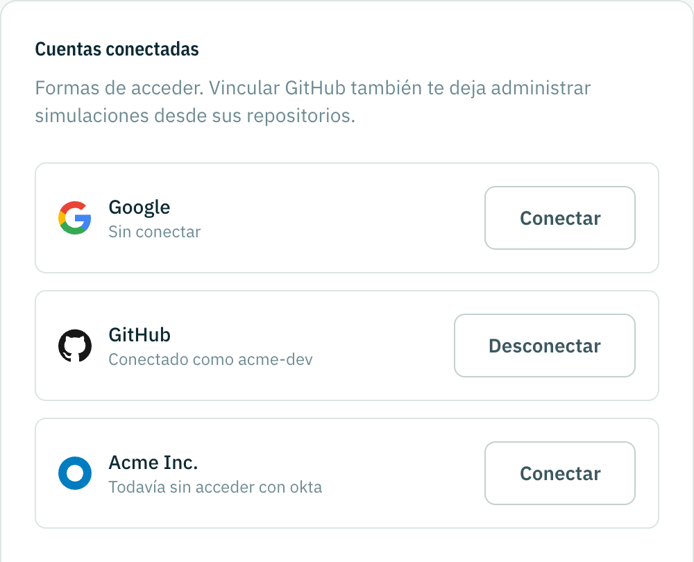 La pestaña Cuentas conectadas: una cuenta de GitHub conectada, Google sin conectar, y una organización que ofrece inicio de sesión único.
