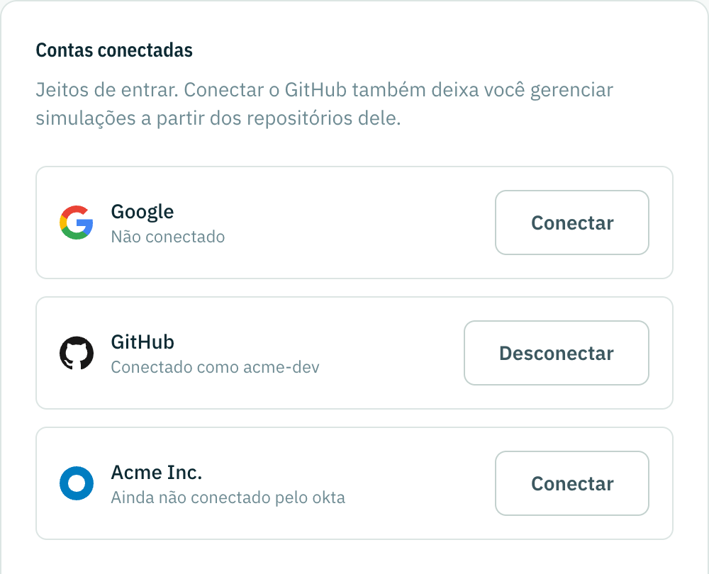 A aba Contas conectadas: uma conta do GitHub conectada, o Google não conectado, e uma organização que oferece login único.