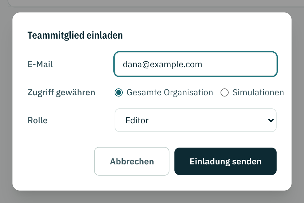 Der Einladungsdialog, mit Feldern für E-Mail-Adresse, Umfang des Zugriffs und Rolle.
