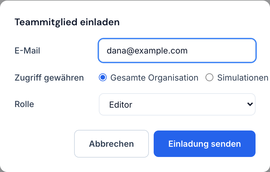 Der Einladungsdialog, mit Feldern für E-Mail-Adresse, Umfang des Zugriffs und Rolle.