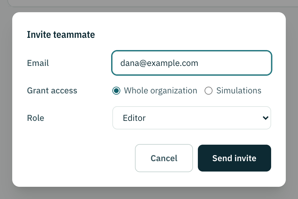 The invite dialog, with fields for the email address, the scope of the access and the role.