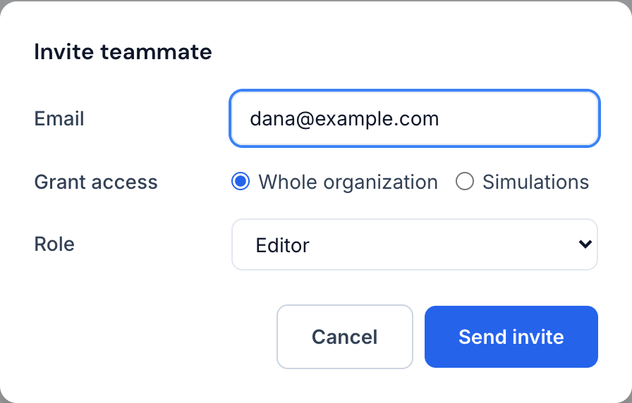 The invite dialog, with fields for the email address, the scope of the access and the role.