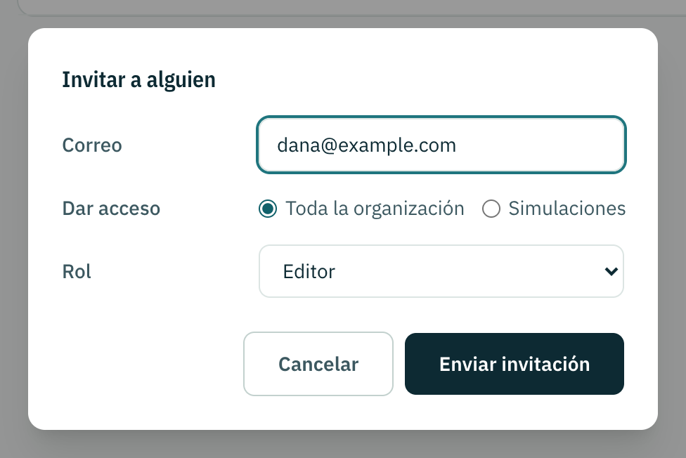 El diálogo de invitación, con campos para la dirección de correo, el alcance del acceso y el rol.