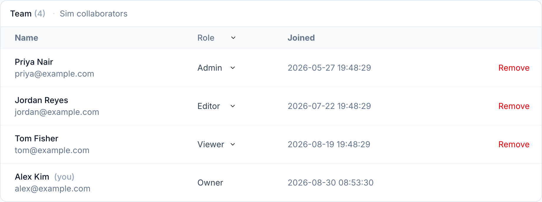 The Members tab: four people with their roles and joining dates, and a Remove action per row.