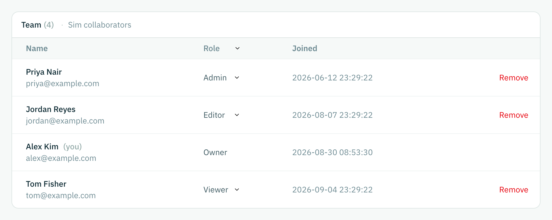 The Members tab: four people with their roles and joining dates, and a Remove action per row.