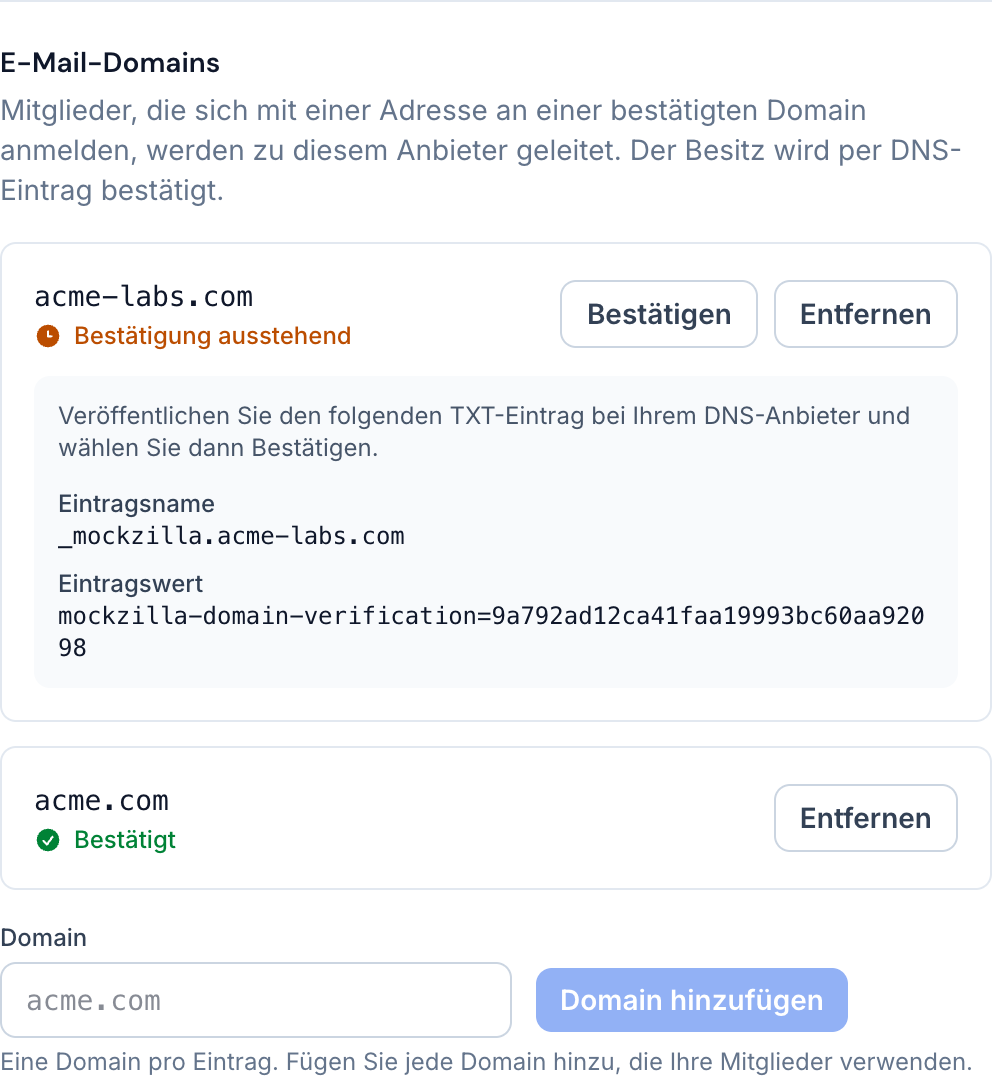 Der Bereich für E-Mail-Domains: eine Domain verifiziert, eine mit dem TXT-Eintrag, auf den sie wartet.