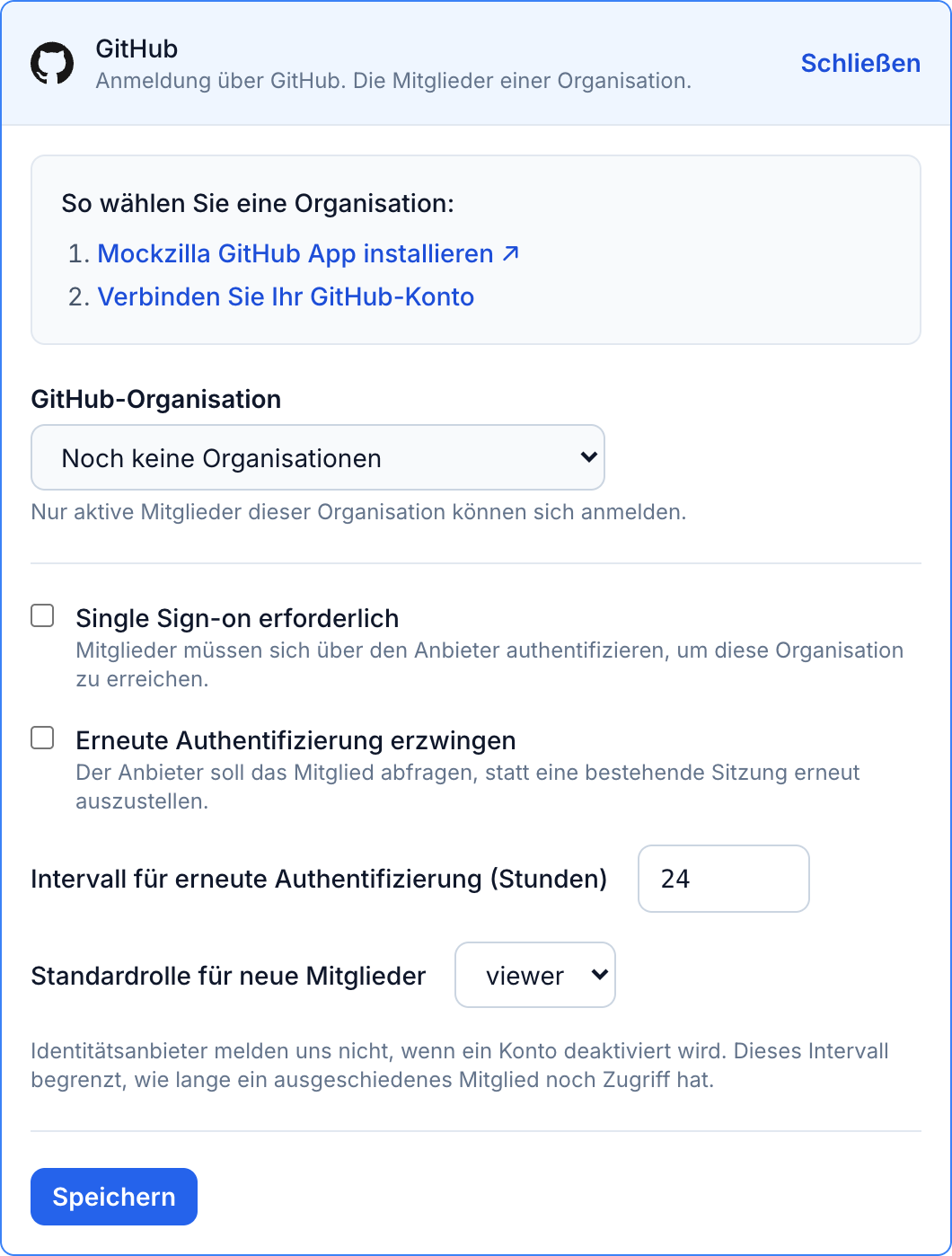 Das GitHub-Formular: App installieren, Konto verbinden, dann die Organisation auswählen.
