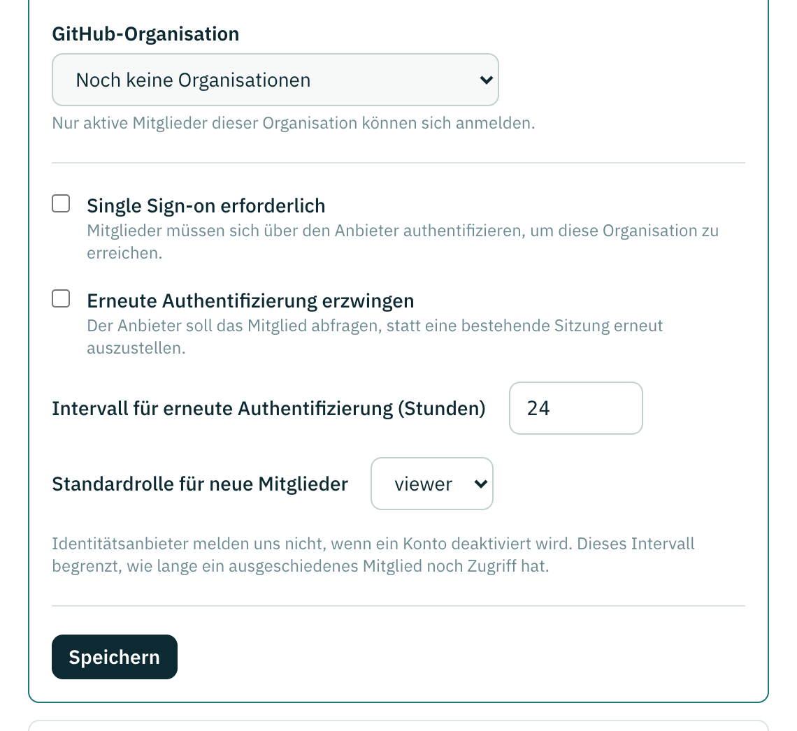 Das GitHub-Formular: App installieren, Konto verbinden, dann die Organisation auswählen.