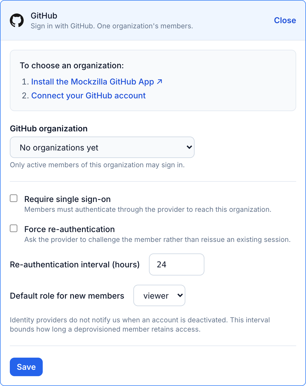 The GitHub provider form: install the app, connect your account, then pick the organization.