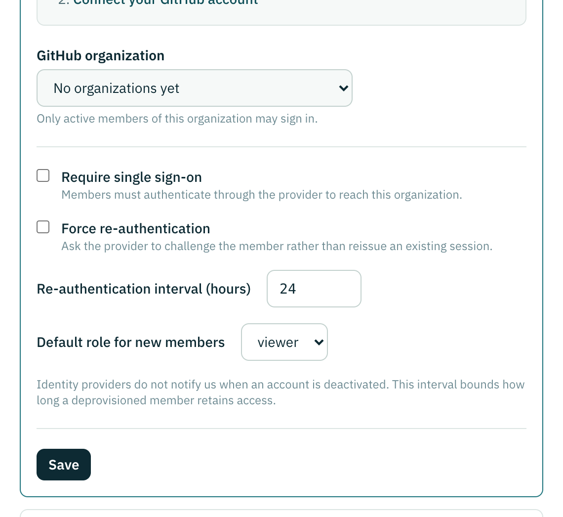 The GitHub provider form: install the app, connect your account, then pick the organization.