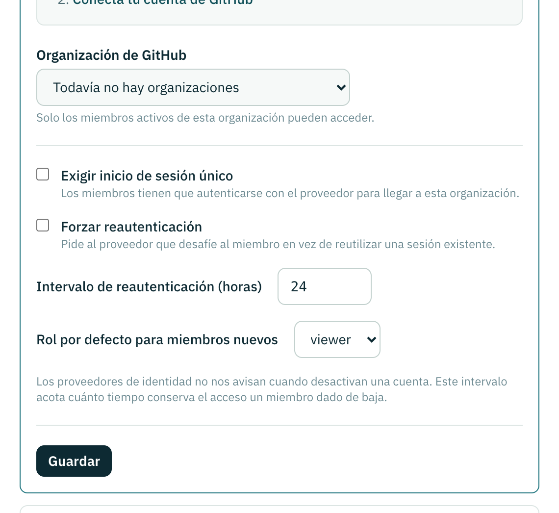 El formulario del proveedor GitHub: instala la app, conecta tu cuenta, y después elige la organización.