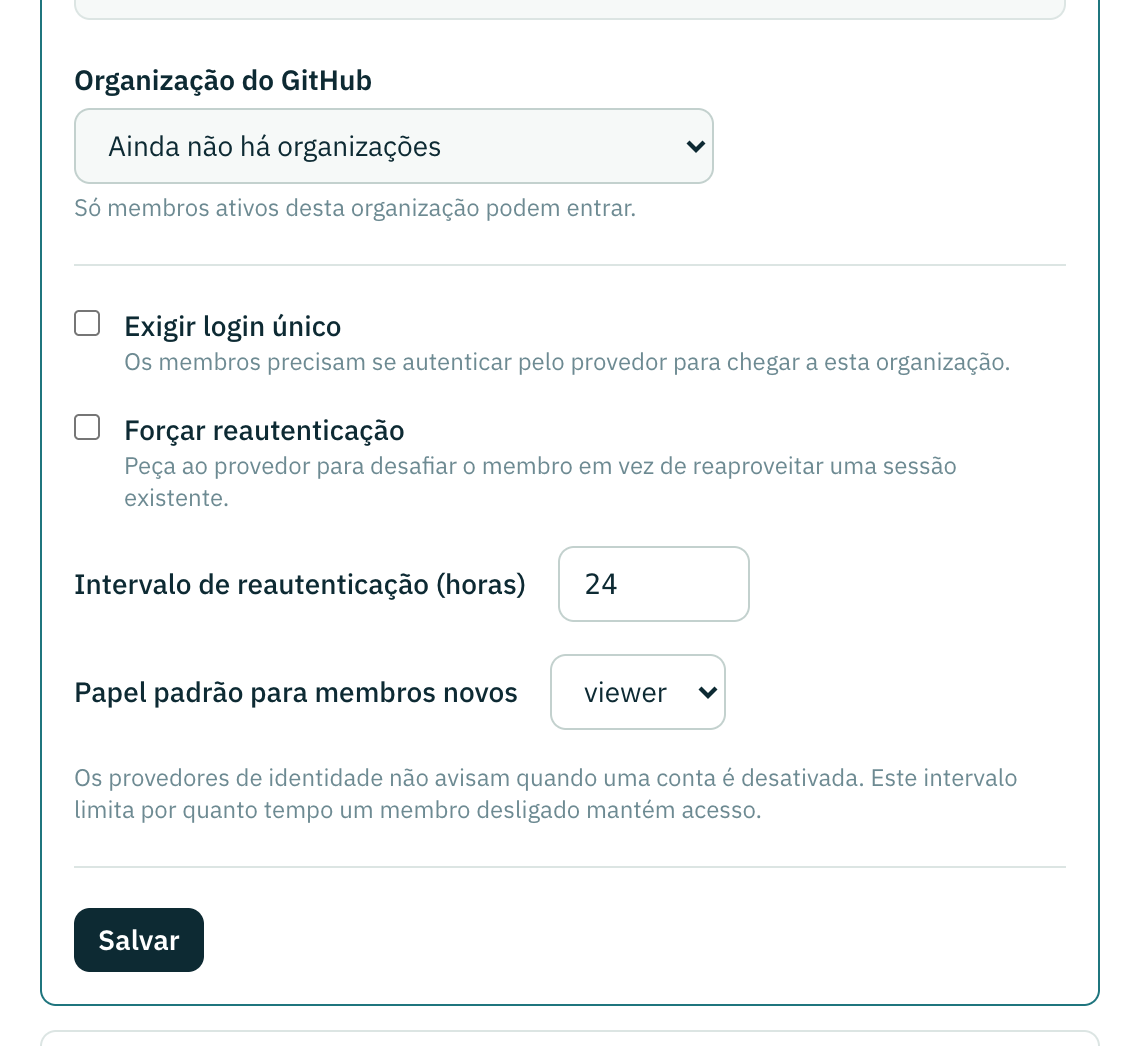 O formulário do provedor GitHub: instale o app, conecte a sua conta, e depois escolha a organização.