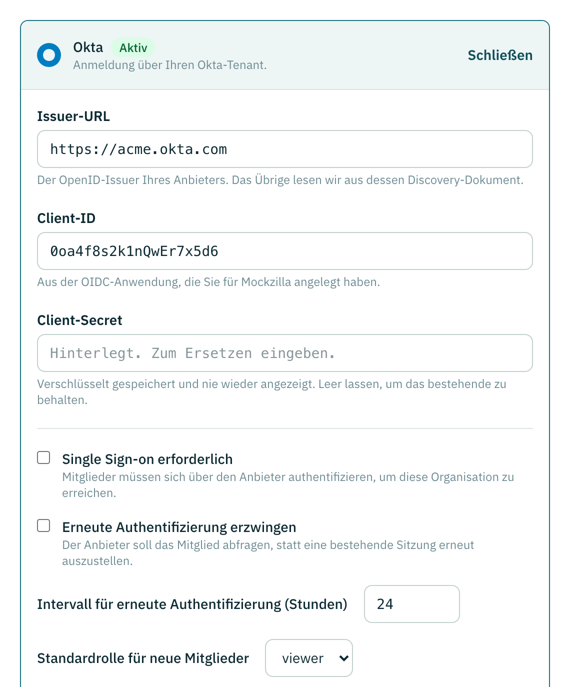 Das Anbieterformular: Issuer-URL, Client-ID und Client-Secret oben, darunter die Regeln für Mitglieder.