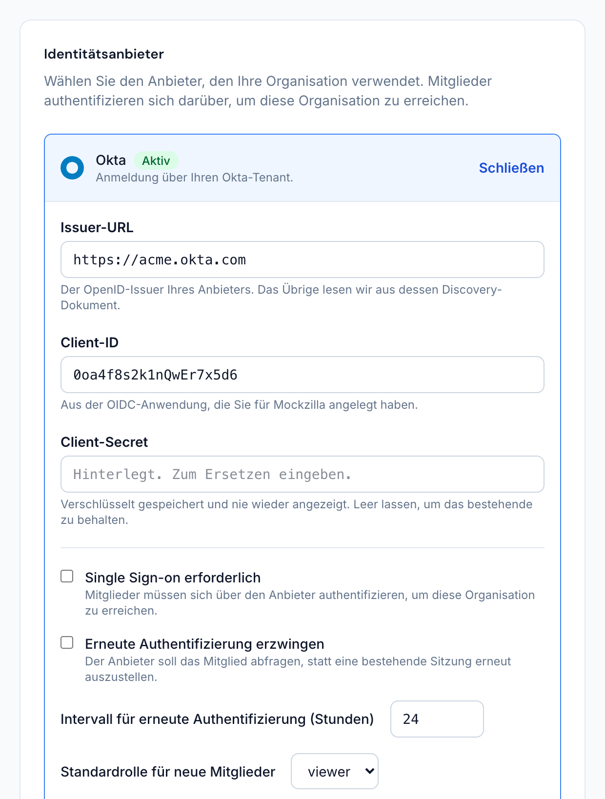 Das Anbieterformular: Issuer-URL, Client-ID und Client-Secret oben, darunter die Regeln für Mitglieder.