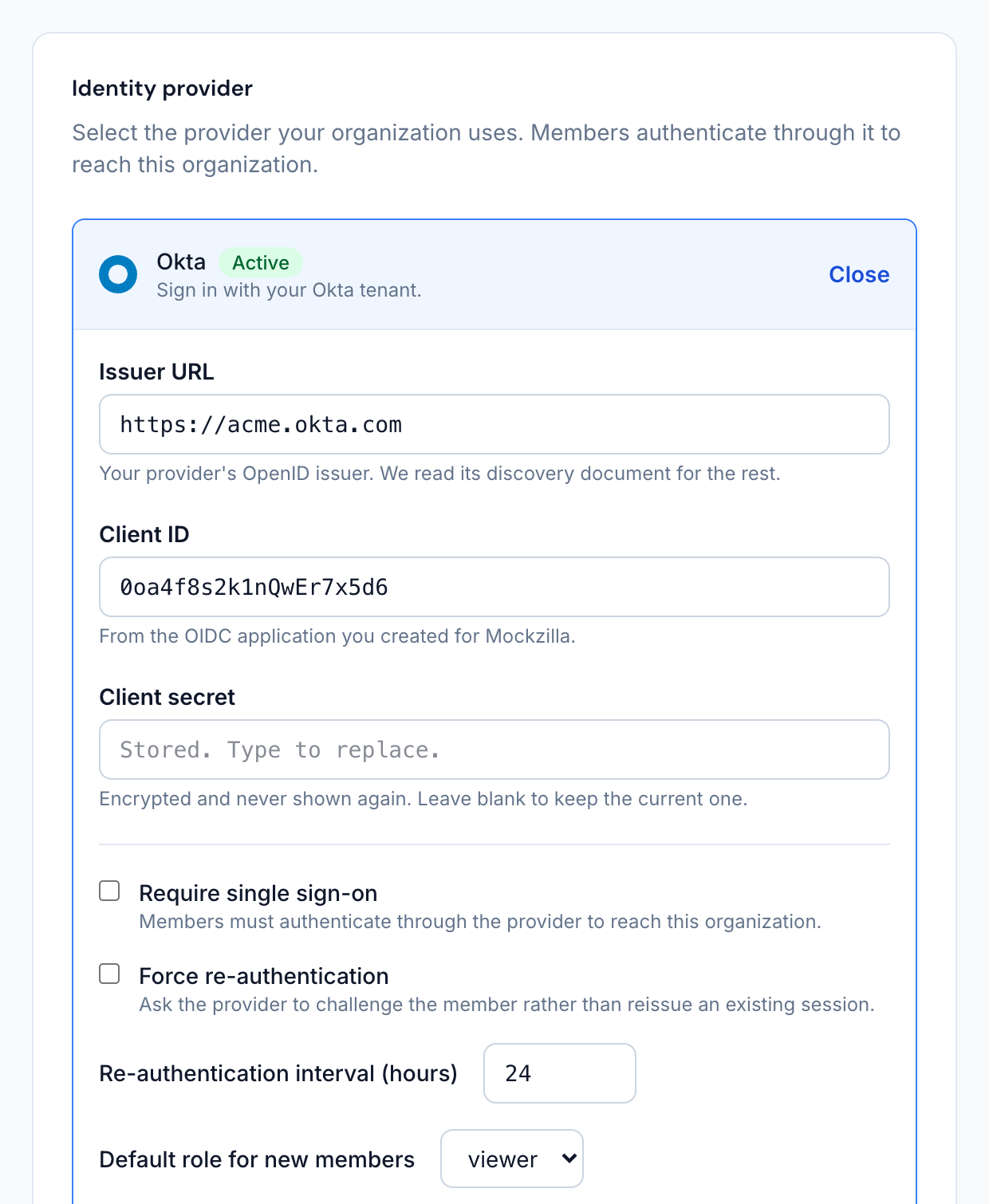 The provider form: issuer URL, client ID and client secret above, the enforcement settings below.