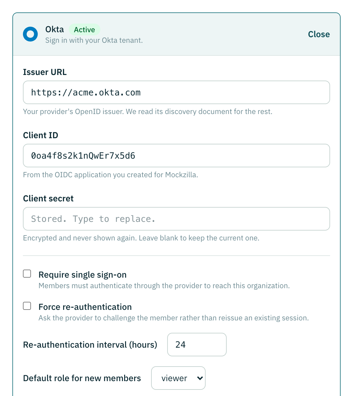 The provider form: issuer URL, client ID and client secret above, the enforcement settings below.