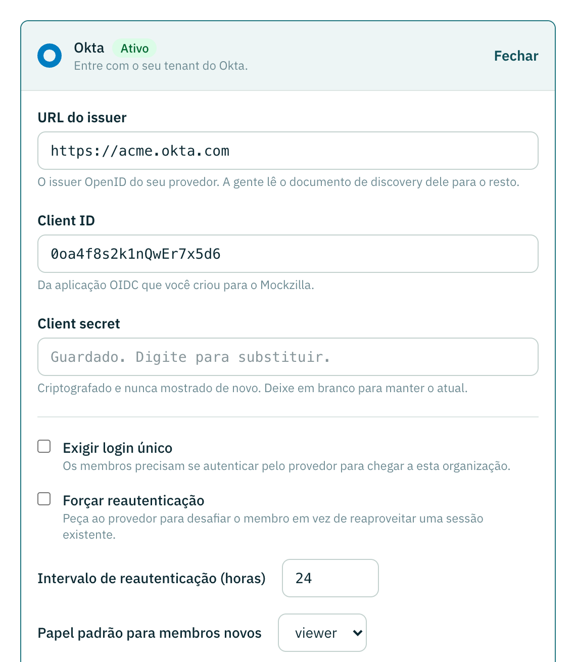 O formulário do provedor: URL do issuer, client ID e client secret em cima, as configurações de exigência embaixo.