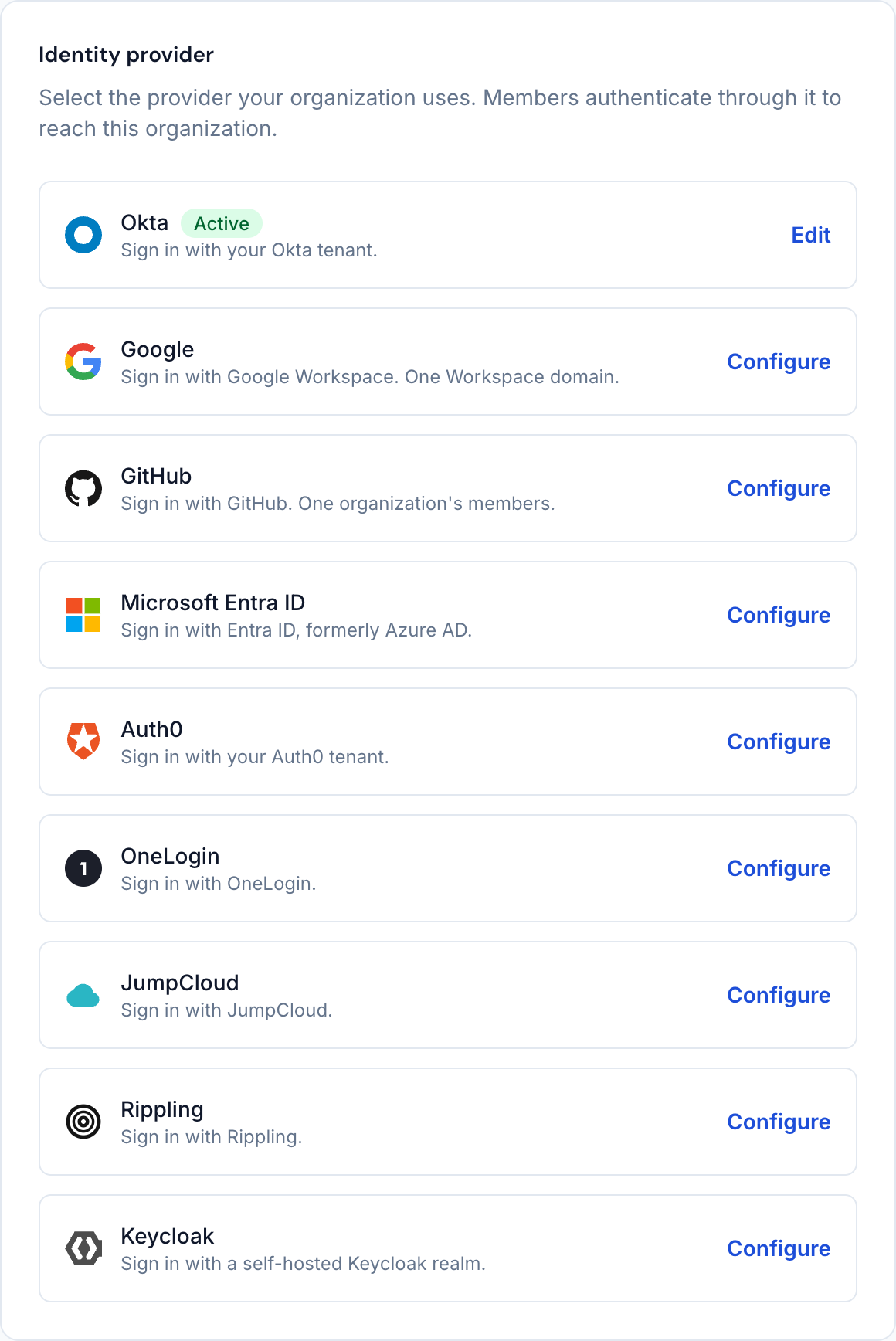 The identity provider catalogue, with nine providers to choose from and one of them active.