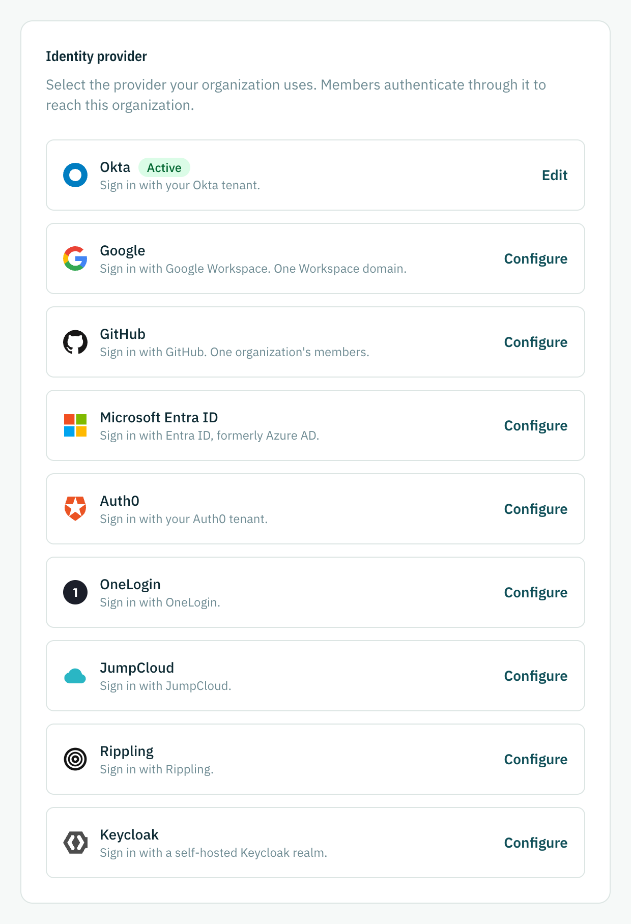 The identity provider catalogue, with nine providers to choose from and one of them active.