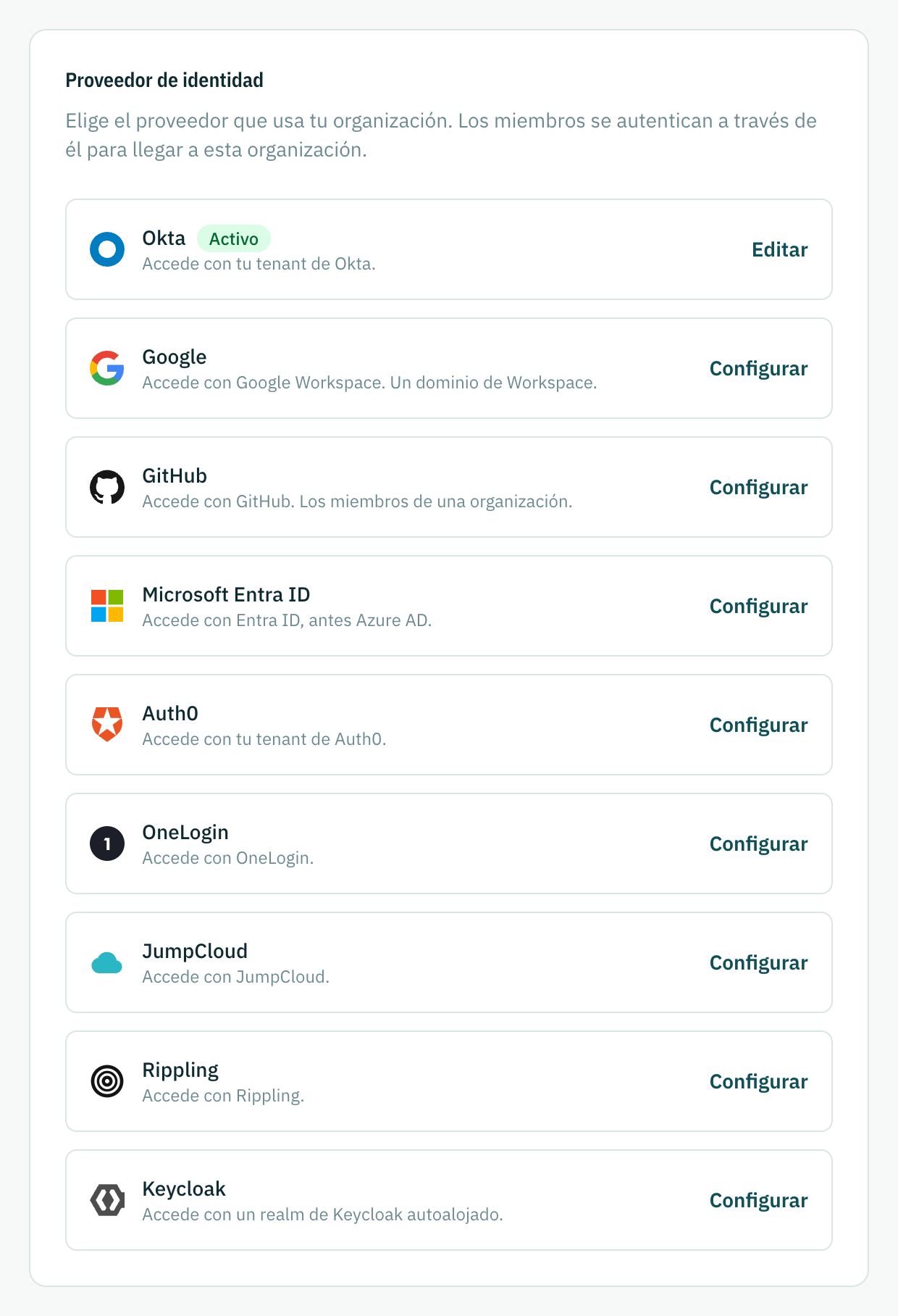 El catálogo de proveedores de identidad, con nueve para elegir y uno de ellos activo.
