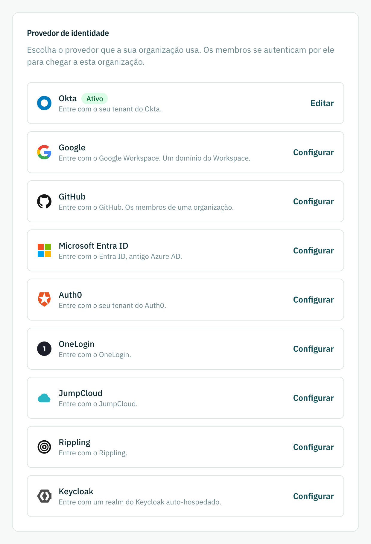 O catálogo de provedores de identidade, com nove para escolher e um deles ativo.