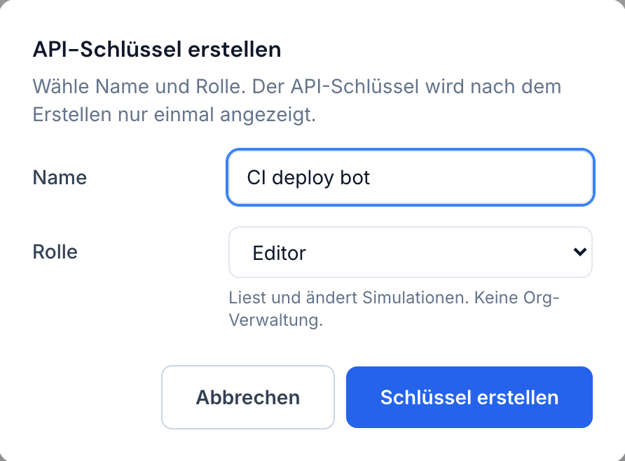 Der Erstellungsdialog, mit Name und Rolle für den neuen Schlüssel.