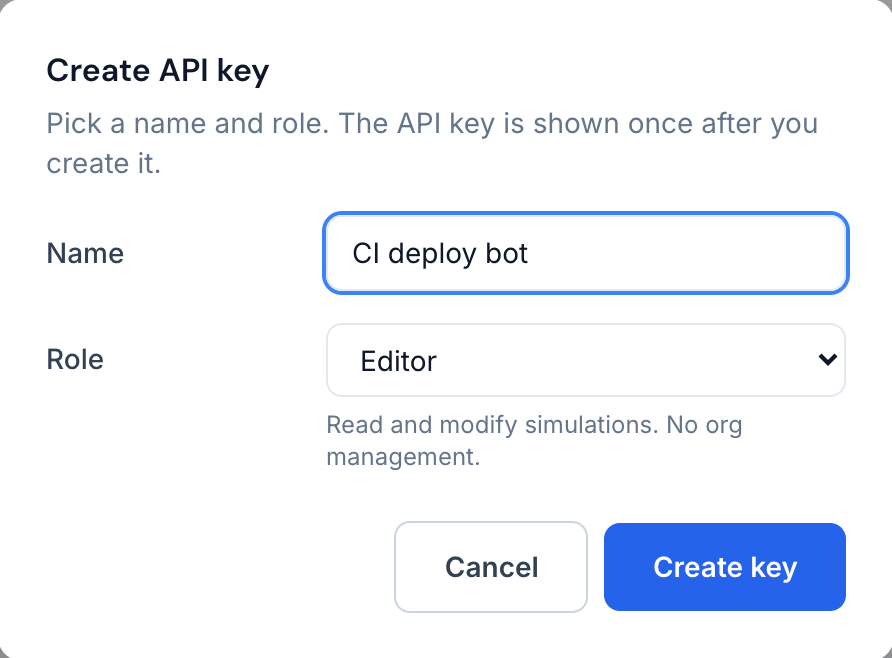 The create dialog, with a name and a role for the new key.