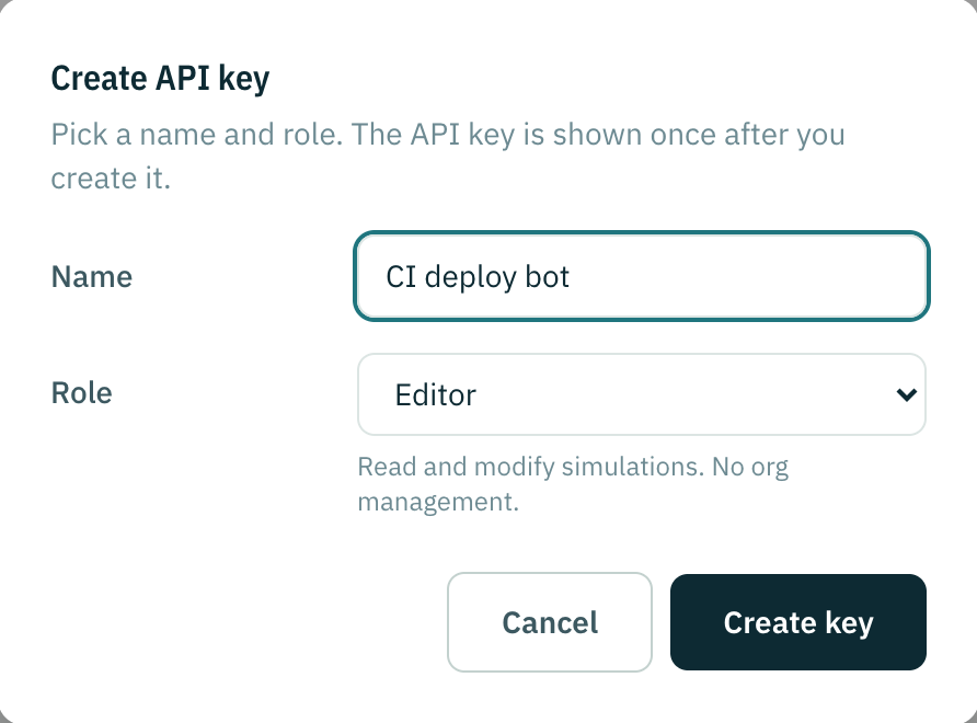 The create dialog, with a name and a role for the new key.