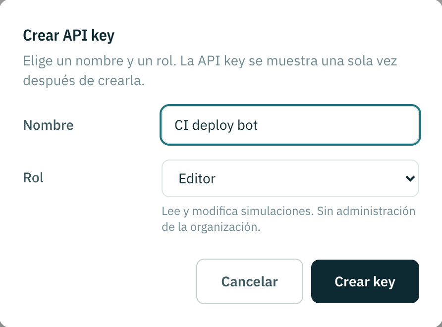 El diálogo de creación, con un nombre y un rol para la key nueva.