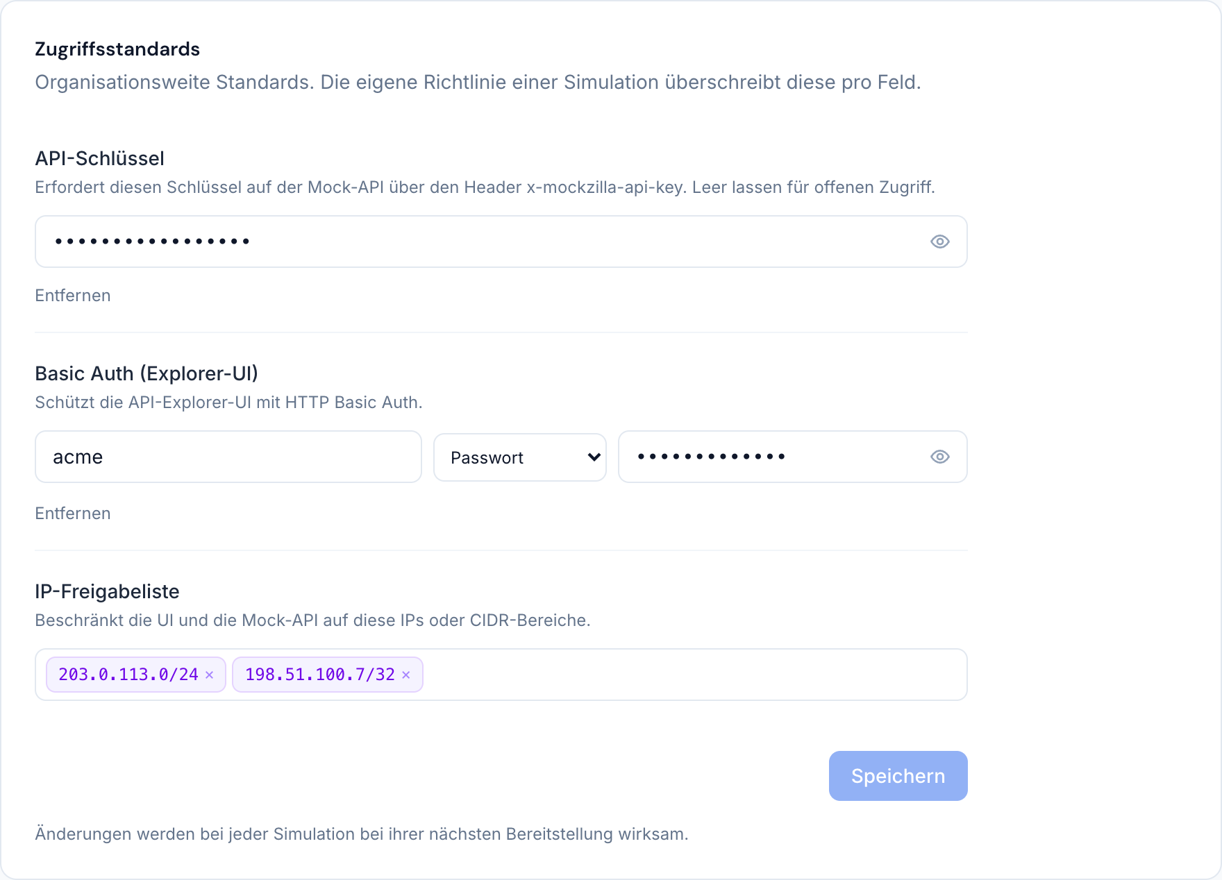 Die Zugriffsstandards der Organisation: API-Schlüssel, Explorer-Zugangsdaten und IP-Freigabeliste.
