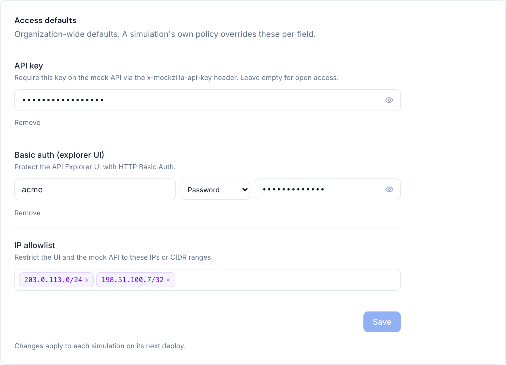 The organization's access defaults: an API key, explorer credentials and an IP allowlist.