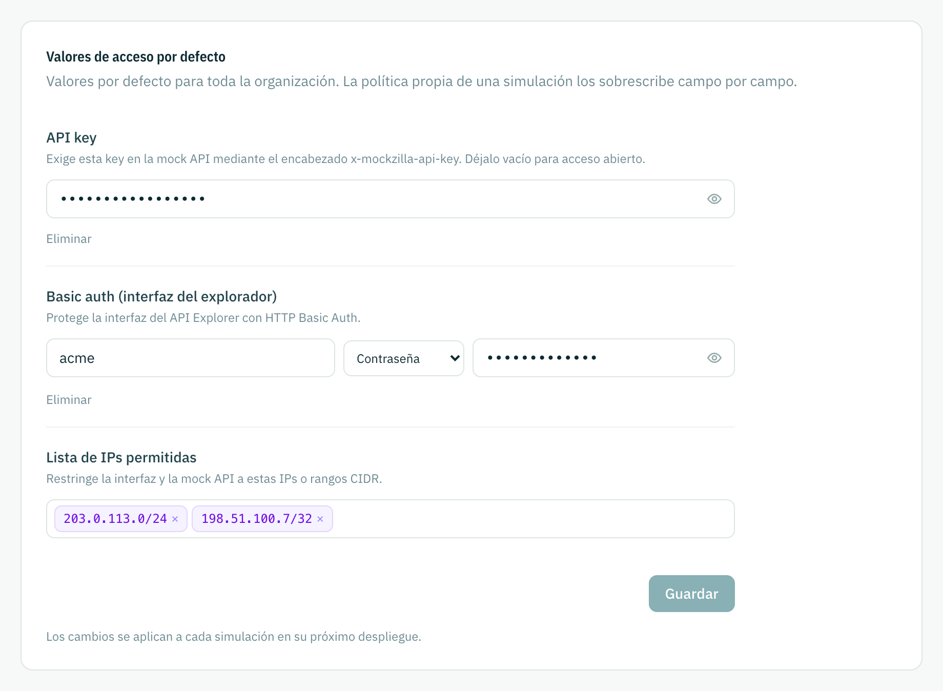 Los valores de acceso por defecto de la organización: una API key, credenciales del explorador y una lista de IPs permitidas.