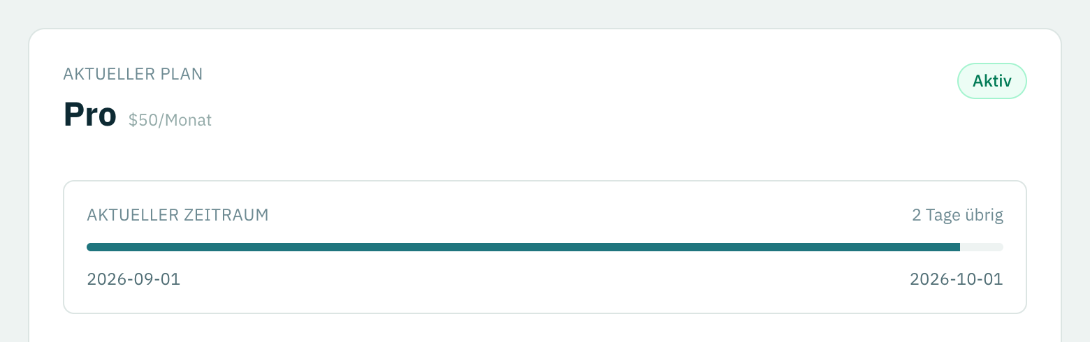 Der Tab Übersicht unter Abrechnung: Name des Tarifs, Preis, Abzeichen Aktiv und ein Balken, der den Rest des aktuellen Zeitraums zeigt.