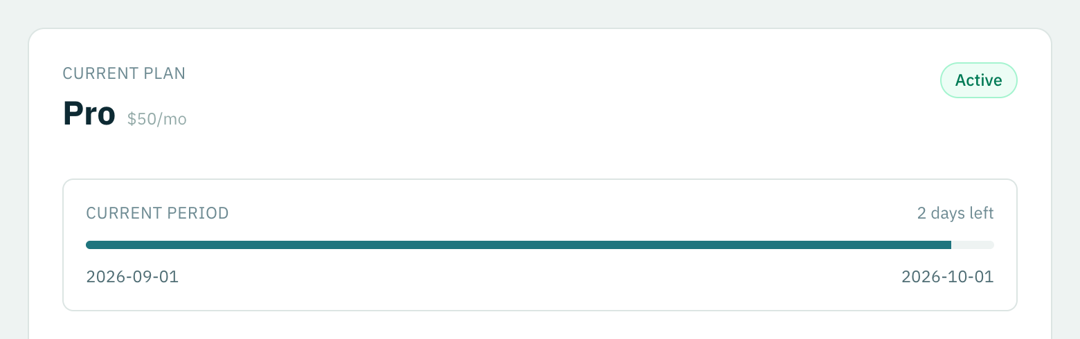 The Overview tab under Billing: the plan name, its price, an Active badge, and a bar showing how much of the current period is left.