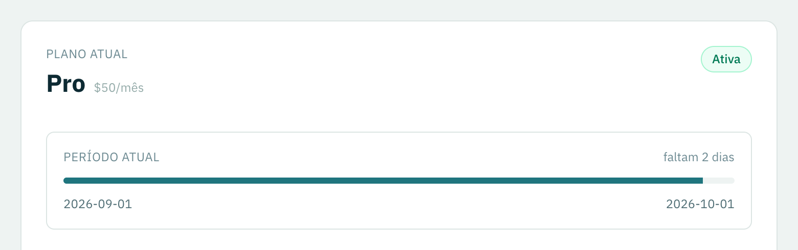 A aba Visão geral em Faturamento: o nome do plano, o preço dele, um selo Ativa e uma barra mostrando quanto sobra do período atual.