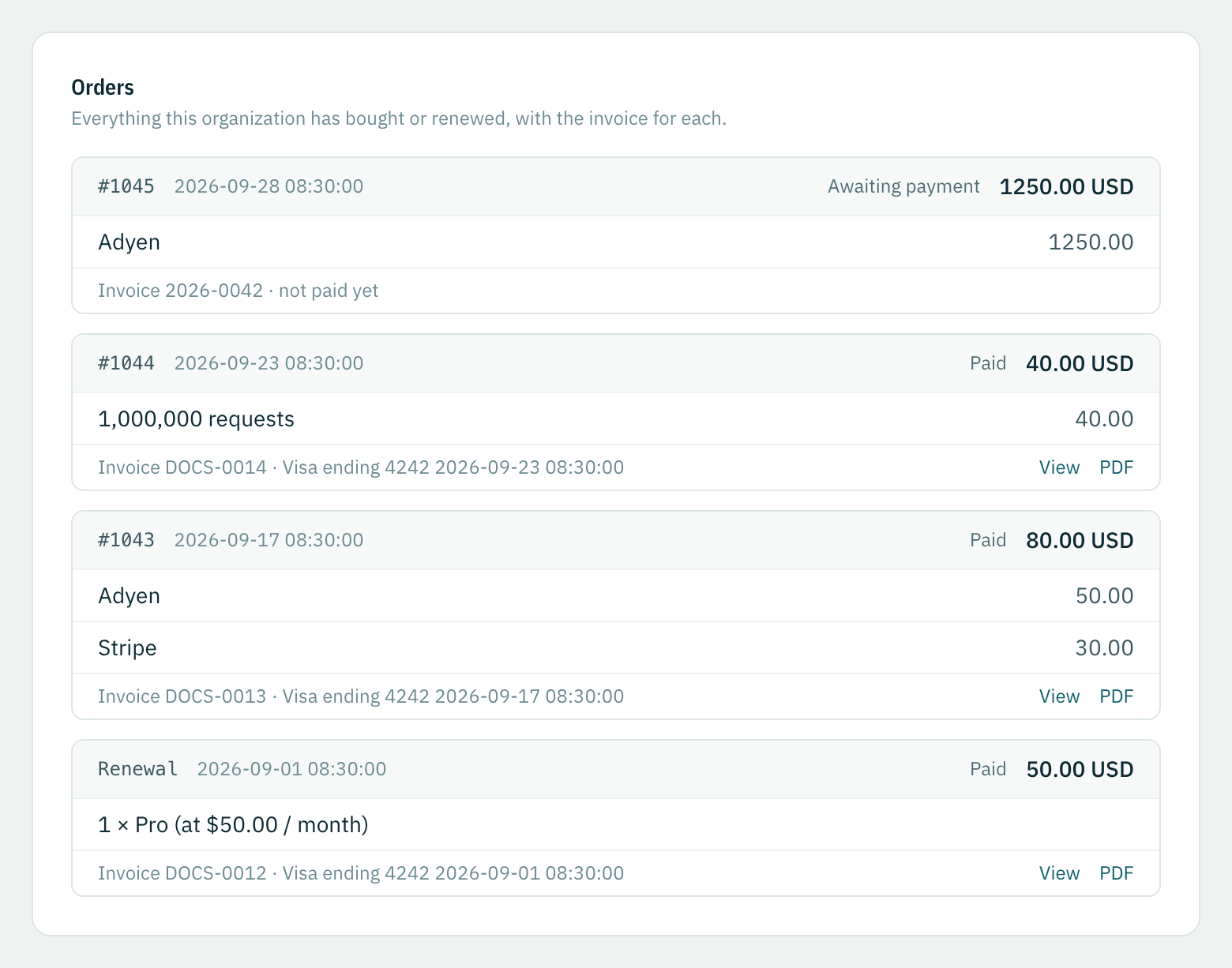 The Orders tab: a self-hosted order awaiting payment, a request top-up and a hosted order paid by card, and the plan's renewal, each with its invoice.