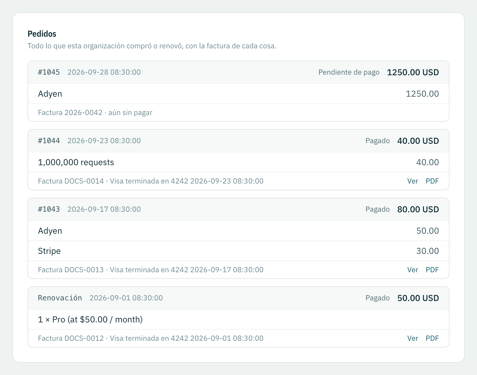 La pestaña Pedidos: un pedido self-hosted pendiente de pago, una recarga de solicitudes y un pedido alojado pagados con tarjeta, y la renovación del plan, cada uno con su factura.