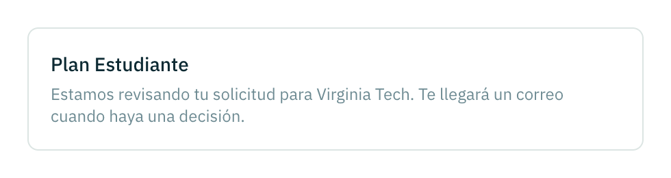 El mismo panel después de enviar una solicitud, diciendo que la solicitud de Virginia Tech está en revisión y que la decisión llega por correo.