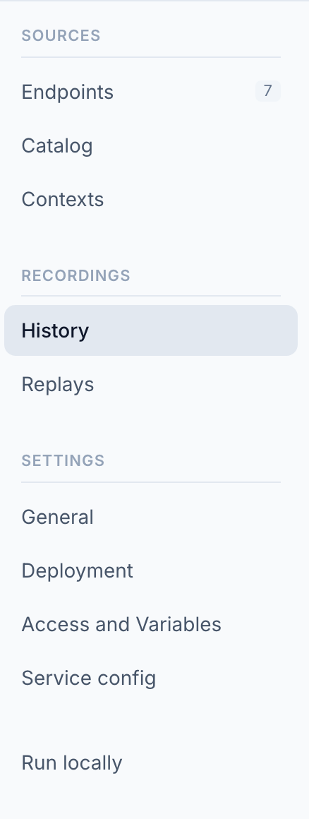 The simulation sidebar: Sources with Endpoints, Catalog and Contexts; Recordings with History and Replays; Settings with General, Deployment, Access and Variables and Service config